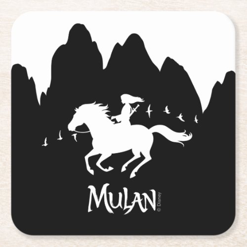 Mulan Riding Black Wind Past Mountains Silhouette Square Paper Coaster