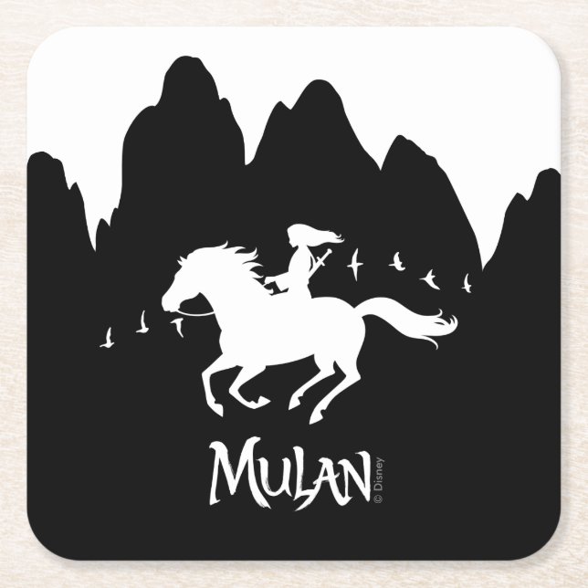Mulan Riding Black Wind Past Mountains Silhouette Square Paper Coaster (Front)