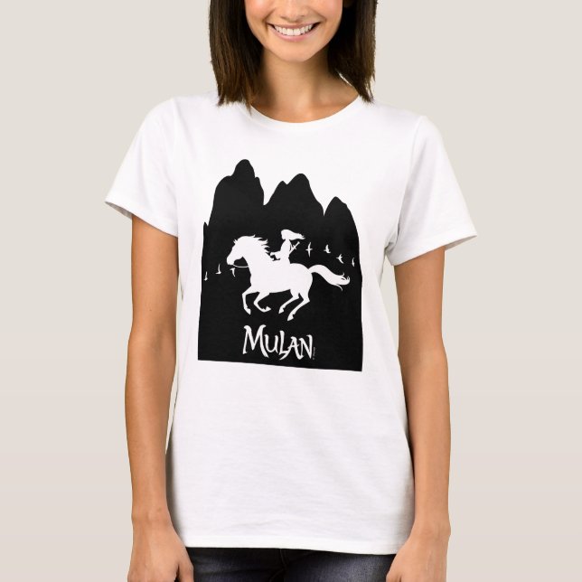 Mulan Riding Black Wind Past Mountains Silhouette T-Shirt (Front)