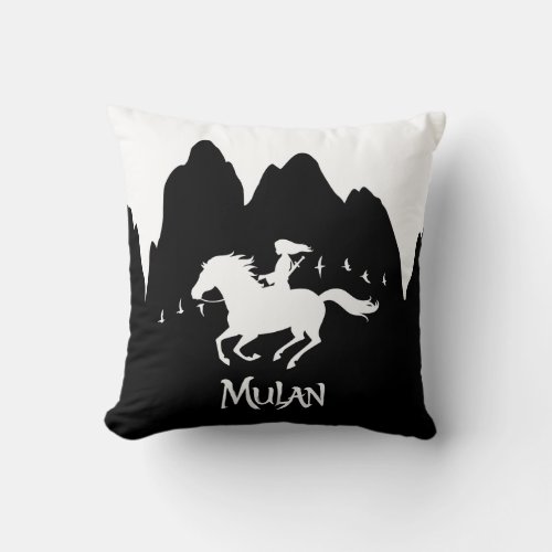 Mulan Riding Black Wind Past Mountains Silhouette Throw Pillow