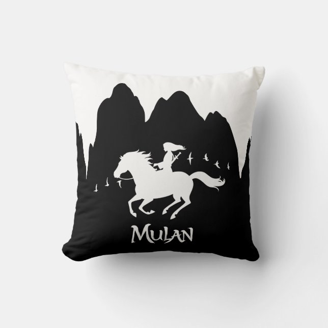 Mulan Riding Black Wind Past Mountains Silhouette Throw Pillow (Front)