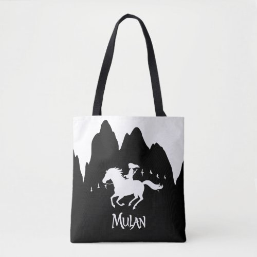 Mulan Riding Black Wind Past Mountains Silhouette Tote Bag