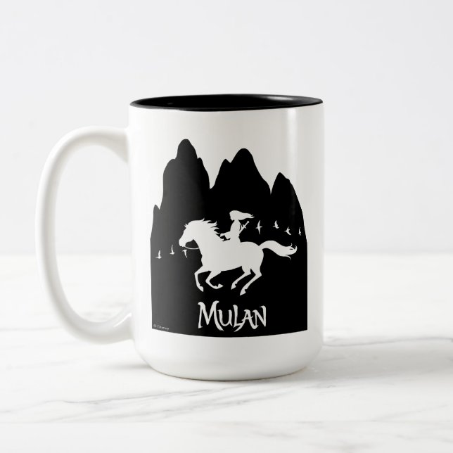 Mulan Riding Black Wind Past Mountains Silhouette Two-Tone Coffee Mug (Left)