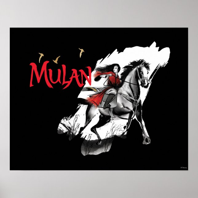 Mulan Riding Black Wind Watercolor Brush Art Poster (Front)