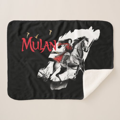 Mulan Riding Black Wind Watercolor Brush Art Sherpa Blanket