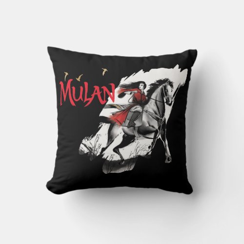 Mulan Riding Black Wind Watercolor Brush Art Throw Pillow