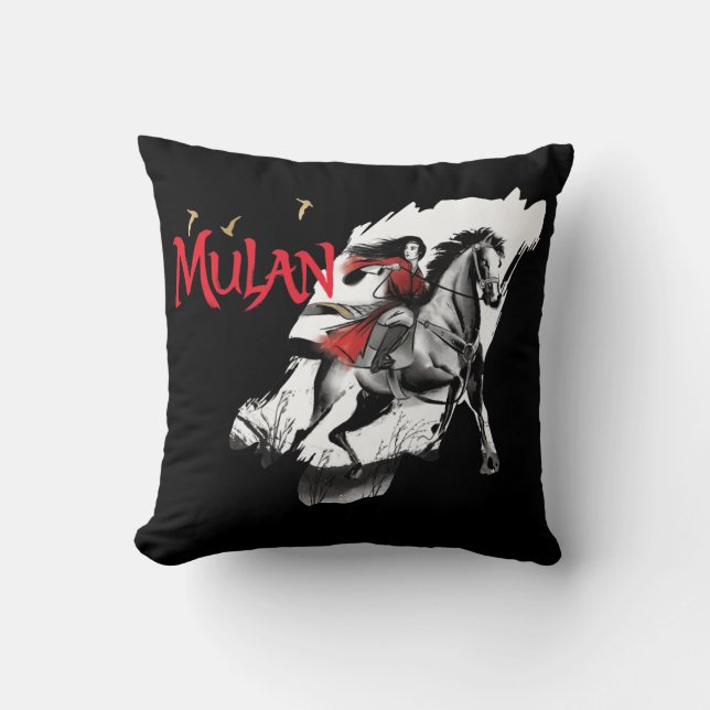 Mulan Riding Black Wind Watercolor Brush Art Throw Pillow (Front)