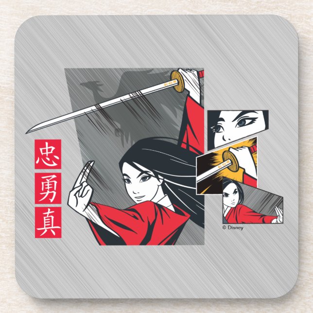 Mulan With Sword Illustrated Panels Beverage Coaster (Front)