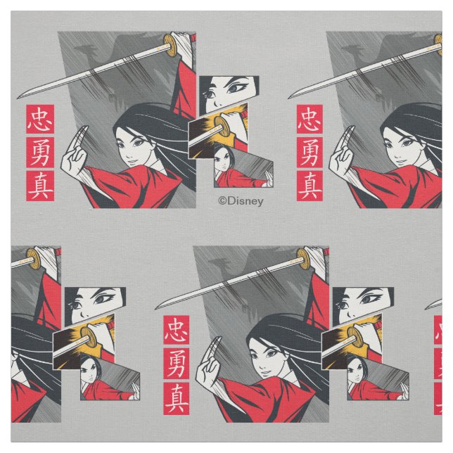 Mulan With Sword Illustrated Panels Fabric (Swatch)