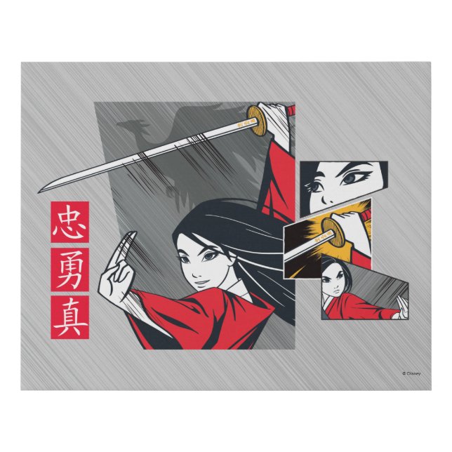 Mulan With Sword Illustrated Panels Faux Canvas Print (Front)