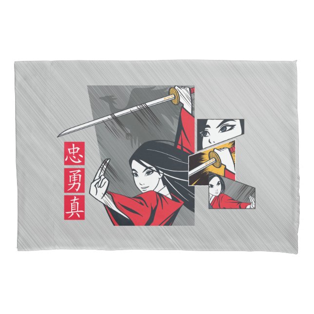 Mulan With Sword Illustrated Panels Pillow Case (Front)