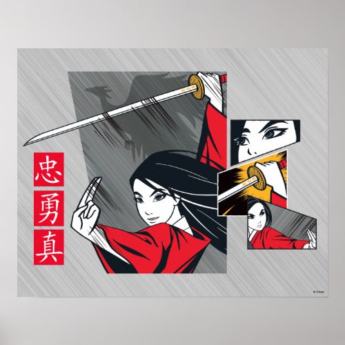 Mulan With Sword Illustrated Panels Poster