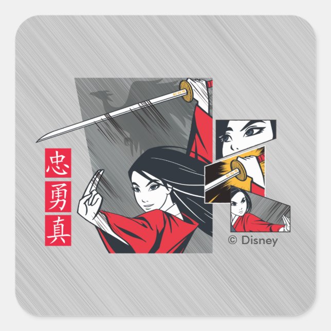 Mulan With Sword Illustrated Panels Square Sticker (Front)