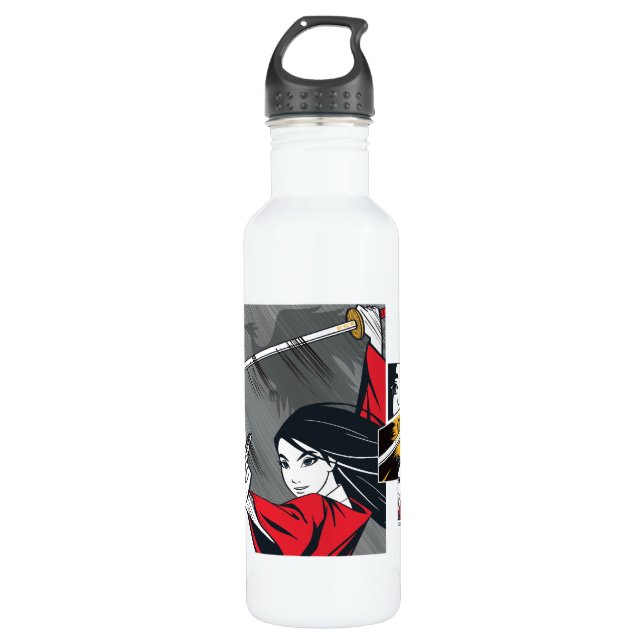 Mulan With Sword Illustrated Panels Stainless Steel Water Bottle (Front)
