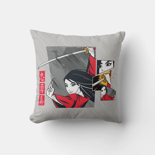 Mulan With Sword Illustrated Panels Throw Pillow (Front)