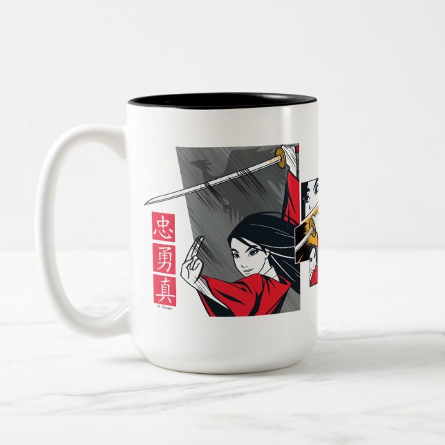 Mulan With Sword Illustrated Panels Two-Tone Coffee Mug (Left)