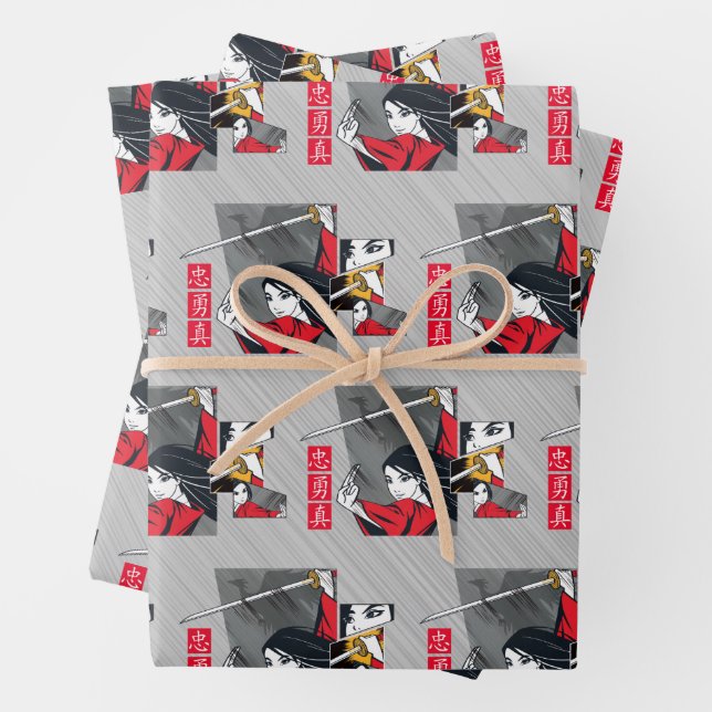 Mulan With Sword Illustrated Panels Wrapping Paper Sheets (In situ)