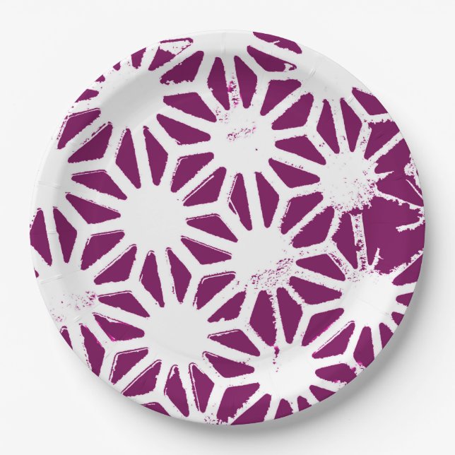Mulberry and white geometric pattern paper plates (Front)