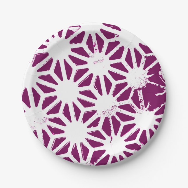Mulberry and white geometric pattern paper plates (Front)