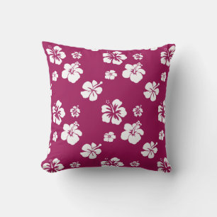 Mulberry and White Hibiscus Tropical Throw Pillow