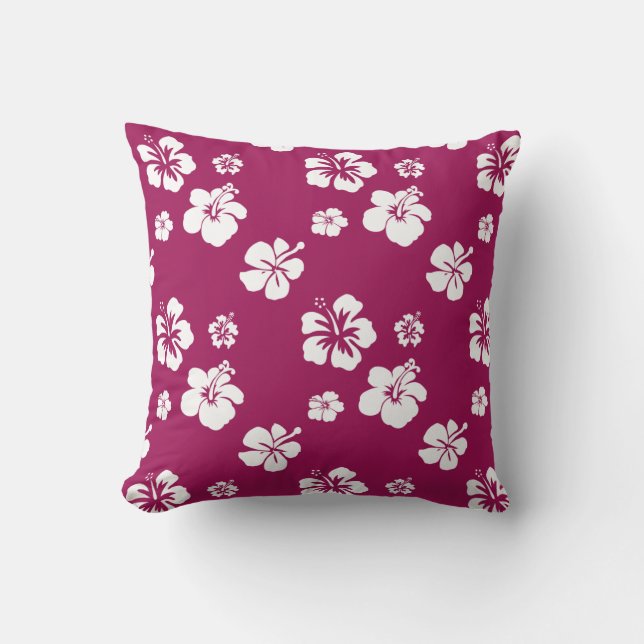 Mulberry and White Hibiscus Tropical Throw Pillow (Front)