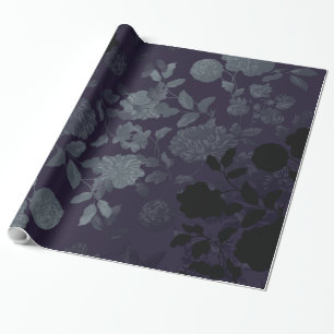 Mulberry Blue Purple Black Vintage Floral Toile Wrapping Paper