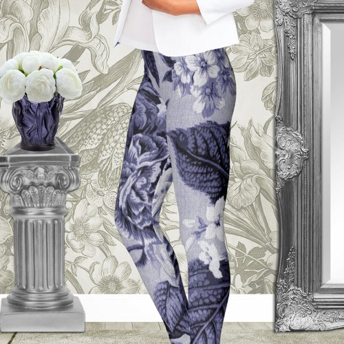 Mulberry Blue Purple Botanical Floral Toile No1 Leggings