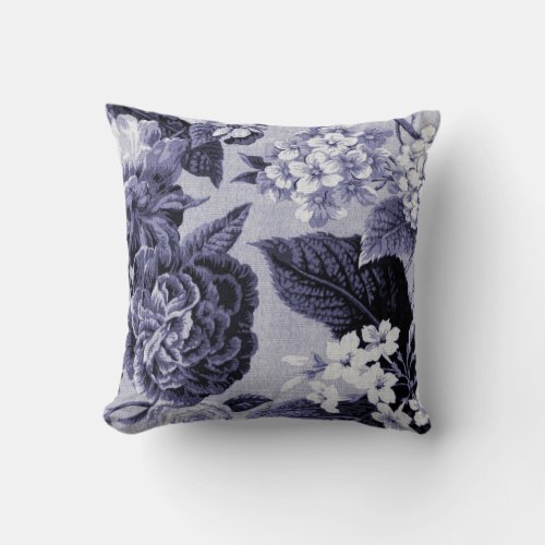 Mulberry Blue Purple Botanical Floral Toile No1 Throw Pillow