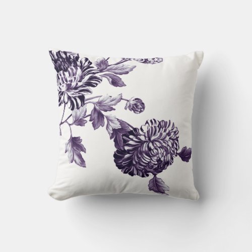 Mulberry Blue Purple Botanical Floral Toile No2 Throw Pillow