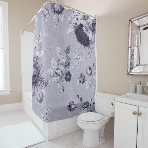 Mulberry Blue Purple Botanical Floral Toile No4 Shower Curtain