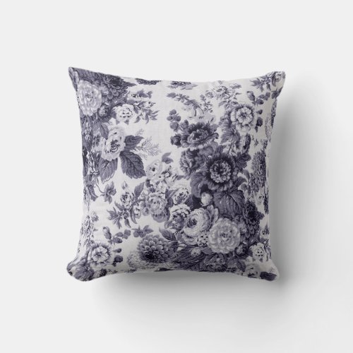 Mulberry Blue Purple Botanical Floral Toile No5 Throw Pillow