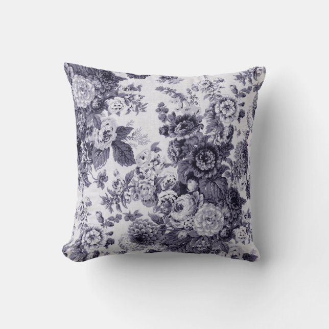 Mulberry Blue Purple Botanical Floral Toile No.5 Throw Pillow (Front)