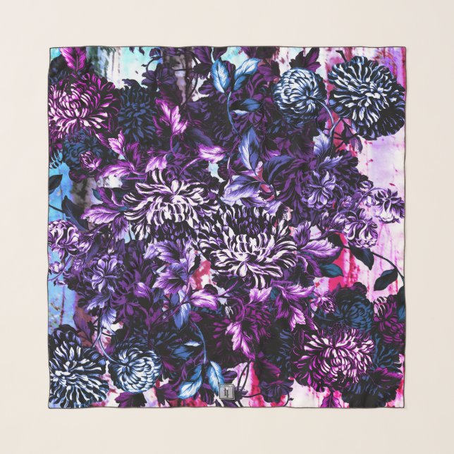 Mulberry Blue Purple Floral Assemblage Scarf (Front)