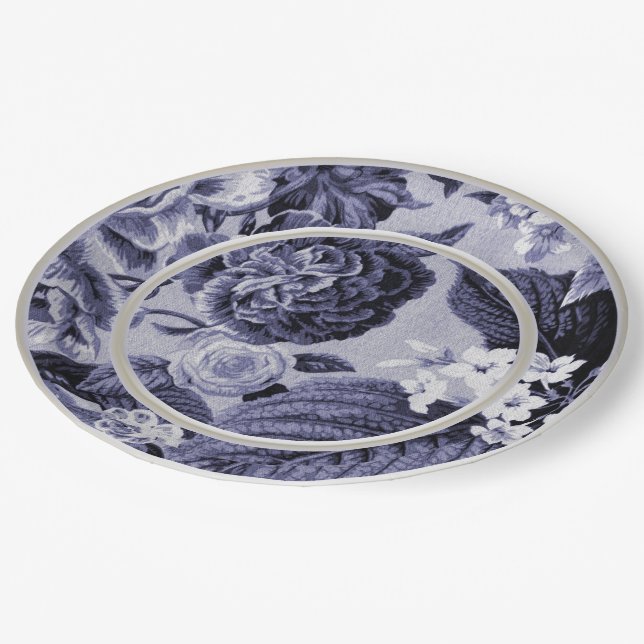 Mulberry Blue Purple Floral Toile No.1 Paper Plates (Angled)