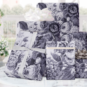 Mulberry Blue Purple Toned Vintage Floral Wrapping Paper