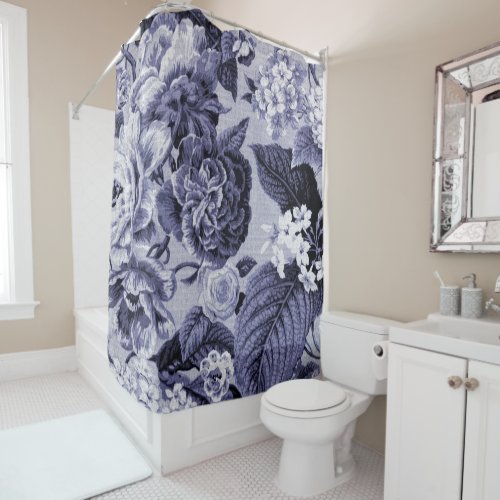 Mulberry Blue Purple Vintage Floral Toile No1 Shower Curtain