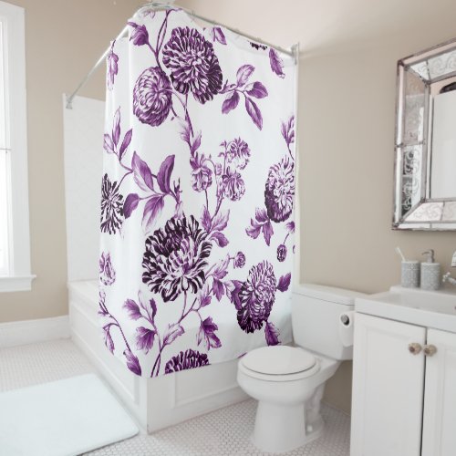 Mulberry Blue Purple Vintage Floral Toile No2 Shower Curtain