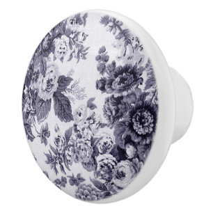 Mulberry Blue Purple Vintage Floral Toile No.3 Ceramic Knob