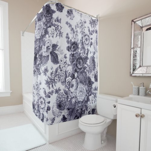 Mulberry Blue Purple Vintage Floral Toile No3 Shower Curtain