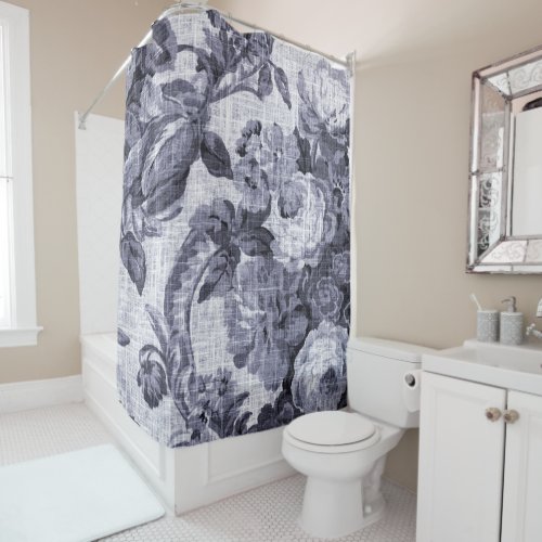 Mulberry Blue Purple Vintage Floral Toile Shower Curtain