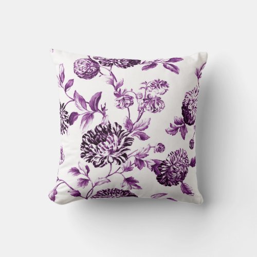 Mulberry Blue Purple  White Floral Toile No2 Throw Pillow