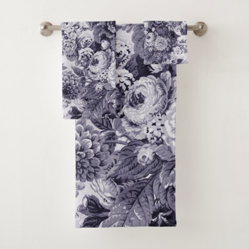 Mulberry Blue Vintage Peony Dahlias Floral Toile Bath Towel Set