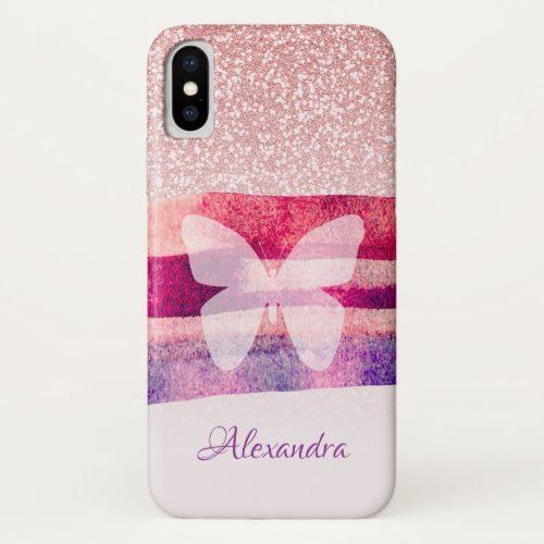 Mulberry Butterfly Rose Gold Glitter Personalized iPhone X Case
