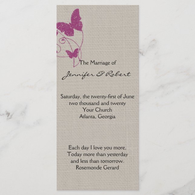 Mulberry Glitter Butterfly Linen Wedding Program (Front)