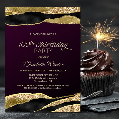 Mulberry Gold Glitter 100th Birthday Party Invitation