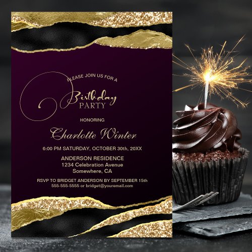 Mulberry Gold Glitter Birthday Party Invitation