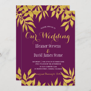 Mulberry gold leaves fall trendy wedding invitation