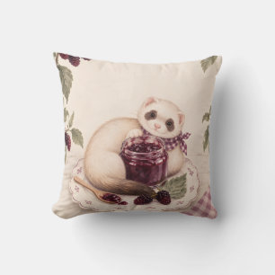 Mulberry Jam Ferret Vintage Botanical Illustration Throw Pillow