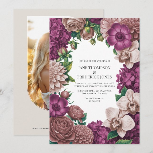 Mulberry, Mauve Clay & Soft Fig Wedding Invitation (Front/Back)
