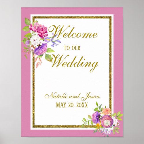 Mulberry Pink and Gold Floral Watercolors Welcome Poster